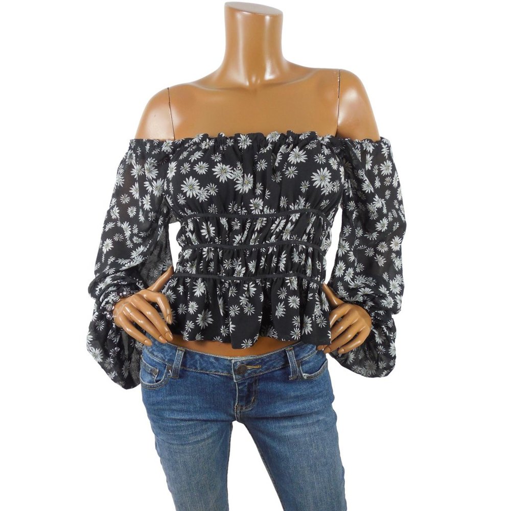 LEYDEN L New Black Daisy Print Cropped Top Stretch Bodice Long Sheer Sleeves